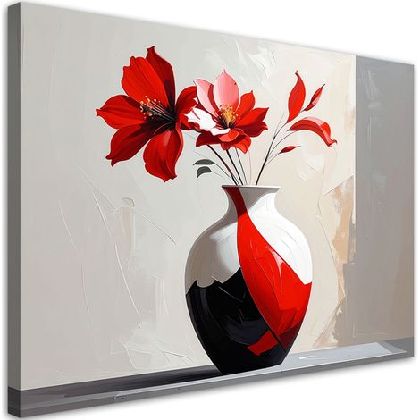 Quadro su tela, Fiori rossi in un moderno vaso rosso e bianco. - 45x30 (1/2)