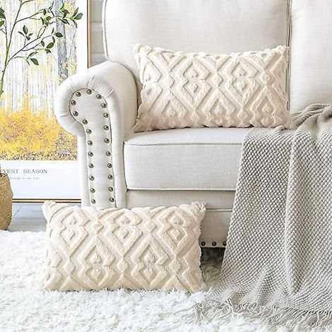 2 Pieces Doux Peluche Laine Courte Velours Dcoratif Housses De Coussin Luxe Style Pour Canap Chambre - Modernes Forme De Diamant Beige, 30 X 50 Cm (1/5)