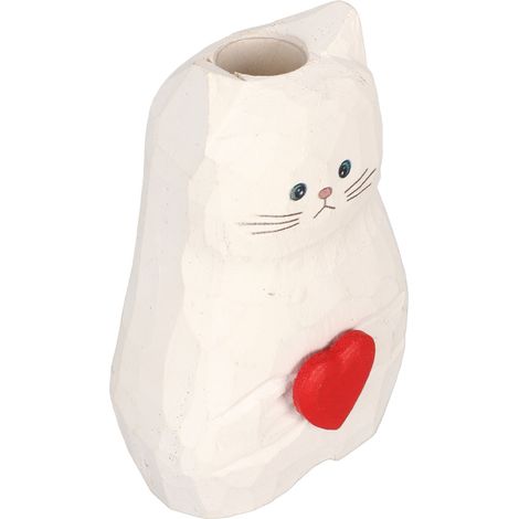Chat blanc sculpté à la main, vase fleur en bois texturé pour chat, cadeau de Thanksgiving pour les amoureux des félins (1/5)