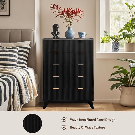 Commode haute noire moderne 5 tiroirs et portes à côtes 40x80x122 cm, meuble en bois élégant, rangement vêtements et accessoires pour chambre, salon, couloir et entrée (1/5)