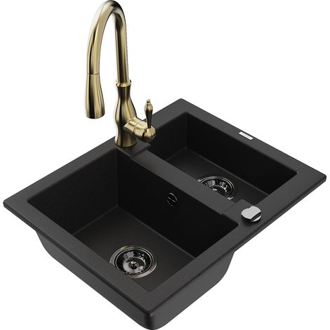 Mexen Carlos fregadero de granito de 1,5 senos con grifo de cocina Savita, negro - 6518-77-672601-50-B (1/5)