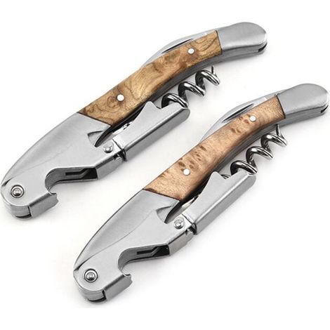 Set aus 2 multifunktionalen Korkenziehern, Holzgriff, Flaschenöffner aus Edelstahl (1/5)