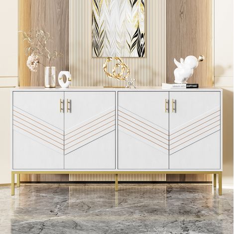Credenza in MDF bianco e effetto legno, 4 ante, 2 ripiani regolabili, 160 x 40 x 80,5 cm (1/5)
