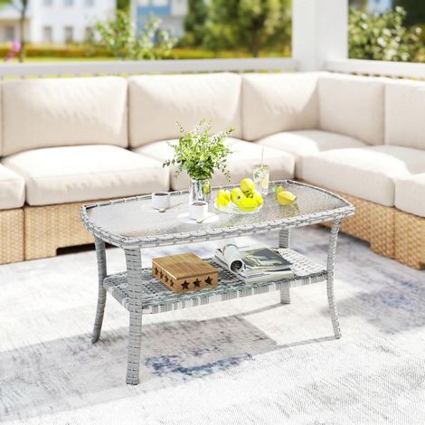 Mesa de Jardín Exterior Rectangular de Ratán con Estante Tablero de Vidrio Templado con Ondas 90x50x45 cm Gris Oscuro (1/5)