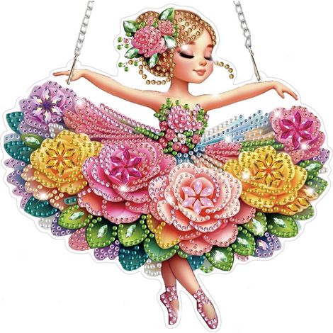 Pendentif peinture diamant 5D Fille de ballet avec fleurs, Décoration suspendue pour fenêtre et mur