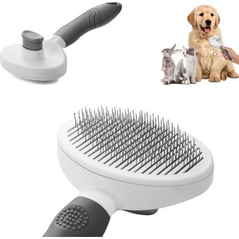 Cat brush with release button, self-cleaning pet brush, cat and dog brush, coat care, easily removes dead undercoat (grey) - AquaForge (1/5)