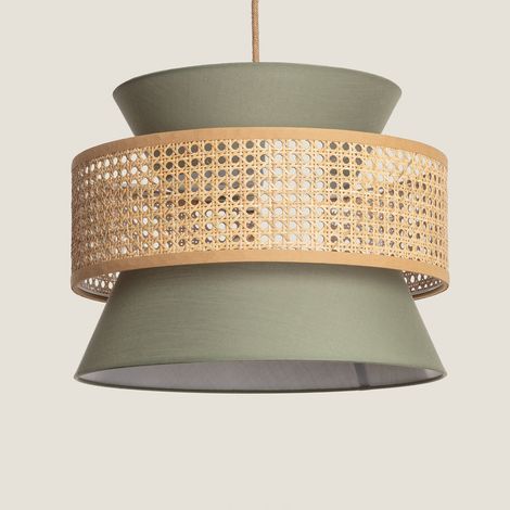 Lampada Sospensione Rattan e Tessuto Chulu Verde Cachi (1/5)