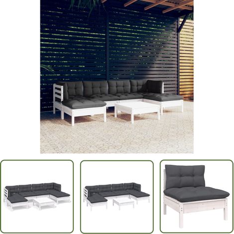 Salon de jardin 7 pcs avec coussins blanc bois de pin (1/5)