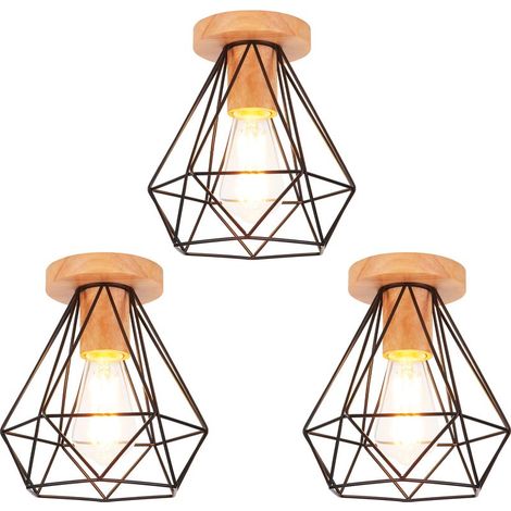 3PCS Diamant Plafonnier Luminaire en Bois Lampe Plafond Vintage Rétro Industrielle Noir (1/5)