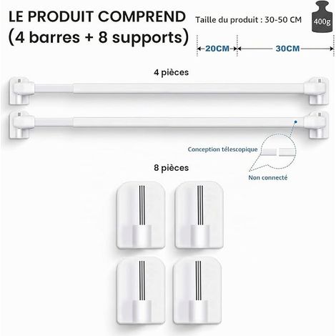 Barres de rideau de métal réglable extensible - Pas de forage pour les fenêtres et les armoires - Barres de tension avec crochets adhésifs solides (blanc) (30-50cm) (1/2)
