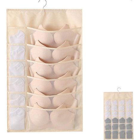 Borsa portaoggetti doppia da appendere, 12 tasche anteriori e 24 posteriori, per reggiseni, biancheria intima, slip, calzini - Bianca (1/5)