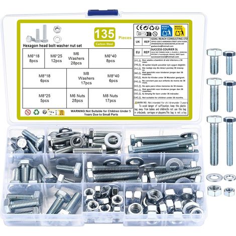 135 Pièces Boulons Hexagonaux M6 avec Écrous Rondelles - Kit Réparation Mécanique en Acier Carbone Noir pour Vélo Moto Auto (Zinc bleu et blanc) (1/2)