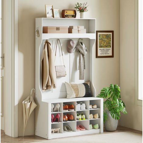 Garderoba con panca 100x35x172.2 cm, 4 in 1, 6 ganci, 12 scomparti scarpe, pannelli in legno bianco (1/5)