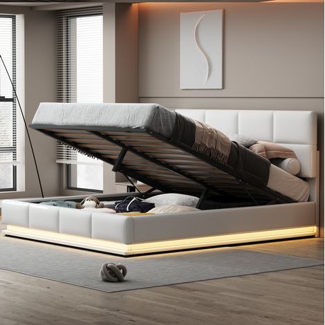 Letto 180x200 cm bianco rivestito in similpelle con LED e vano contenitore (1/5)