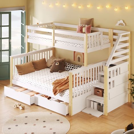 Lit superposé 90x200 associé lit 140x200 multifonction, tiroirs et rangements intégrés, coloris blanc et naturel gain de place (sans matelas) (1/5)
