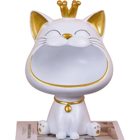 1 Statue de chat rieur, boîte de rangement en résine, design ludique à grande gueule, pour clés bijoux télécommandes, décoration intérieure (1/5)