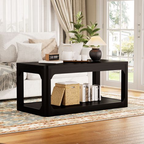 DESMIU Table basse avec 2 niveaux de rangement pour salon, MDF, noir (1/5)