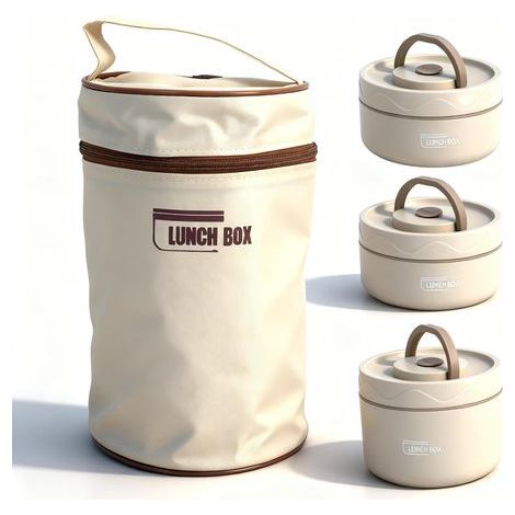 Questo set di quattro portapranzi è realizzato in acciaio inox 304 e comprende un contenitore termico rotondo e una borsa termica beige, ideale per il lavoro, la scuola e le attività all'aperto. (1/5)
