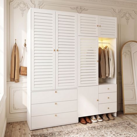 MODFU – Armoire dressing 180x50x200 cm panneaux particules – LED, 2 penderies et panier à linge – 6 tiroirs et charge 30/20 kg – Chambre – Blanc (1/5)