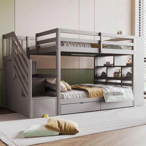 Etagenbett, Sicherheitstreppe mit Staufächern, Stauraumschubladen und großen Schließfächern, hohe Zaunkonstruktion, Lattenrost, Kiefernbett, Kinderbett, Jugendbett