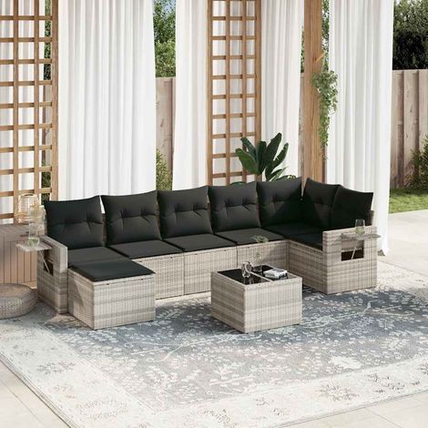 Salon de jardin 8 places résine tressée gris clair avec table verre, coussins et repose-pied Ensemble modulaire de salon d'extérieur avec 1 canapé d'angle, 3 sièges centraux et 2 canapés à accoudoirs (1/5)