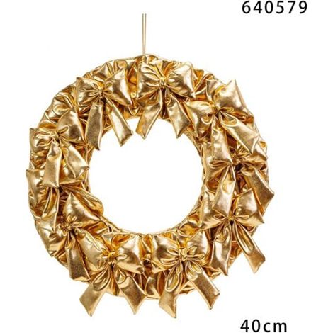 TRADE SHOP - Ghirlanda Corona Di Fiocchi Da 40cm Decorazione Natalizia Da Appendere Porta Casa Feste - Oro (1/2)