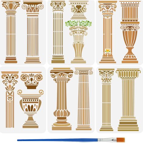 6Pcs Pochoir de Colonne Romaine pour Peinture Au Pinceau Modèle de Bâtiments Romains Réutilisable de 21x29.7cm Pochoir à Motif Géométrique Creux Modèle Thème Construction Pet pour DIY (1/5)