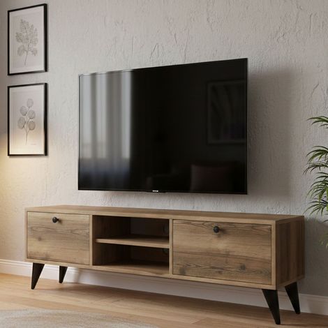 Dmora - Mueble de televisión Atropos, Aparador de salón, Mueble bajo para TV, Base de pared equipada, 138x30 h43 cm, Nogal y Negro (1/5)
