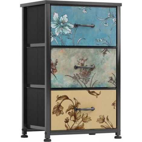 Stoffkommode mit 3 Schubladen, Nachttisch, Vintage Blumenmuster, 30x40x63 cm (1/5)