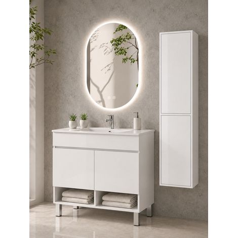 Mueble de baño con patas con lavabo extraplano ORIGENBATH NEBARI con patas y puertas sin espejo 70x45 cm blanco con columna (1/5)