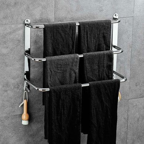 Portasciugamani in acciaio inox a 3 livelli, senza fori, per bagno, cucina e WC, colore argento. (1/4)