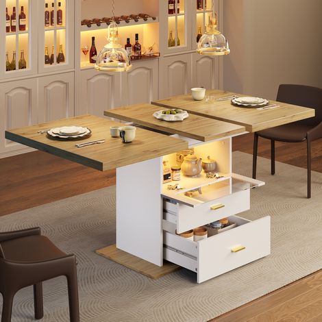 Table de salle à manger extensible 110-140x80x75 cm avec éclairage LED et commande par application et rangement Bois MDF Blanc (1/5)