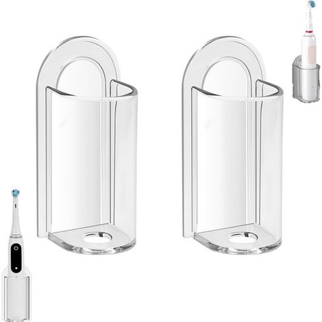 Lot de 2 - Support pour brosse à dents électrique - Support mural sans perçage - Organiseur autocollant pour brosse à dents électrique - Support transparent peu encombrant (1/5)