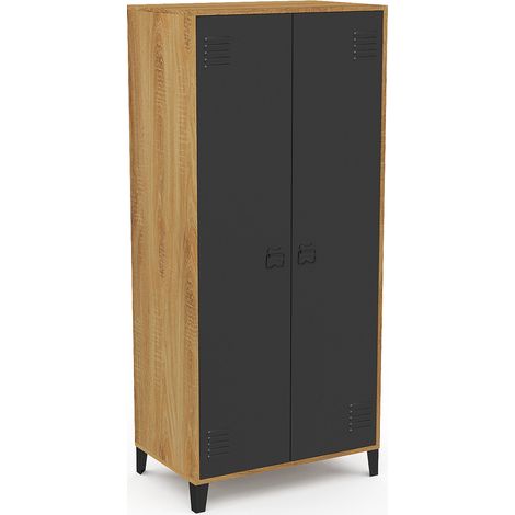 Idmarket – Armoire vestiaire penderie 2 portes métal noir – Contour bois – Longueur 76 cm – Hauteur 170 cm – Design industriel (1/5)