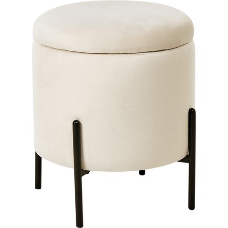 Puf con almacenaje asiento de terciopelo y base de madera reposapiés redondo mesa auxiliar beige claro Wenona