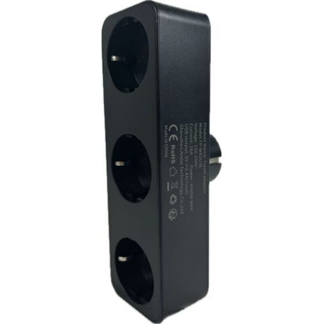 Power strip - Power strip with 3 horizontal outlets - Wall-mounted power strip without cable - Multiple outlet - Black (1/5)