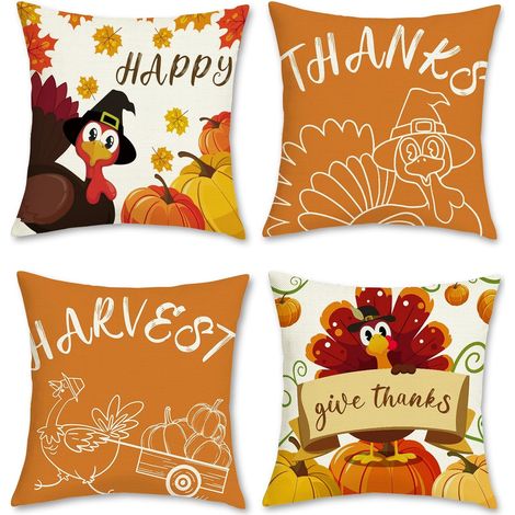 Fundas de cojín decorativas de Acción de Gracias, diseño de calabaza y pavo naranja, poliéster, juego de 4, 45 x 45 cm, para sofá, cama, hogar. (1/4)
