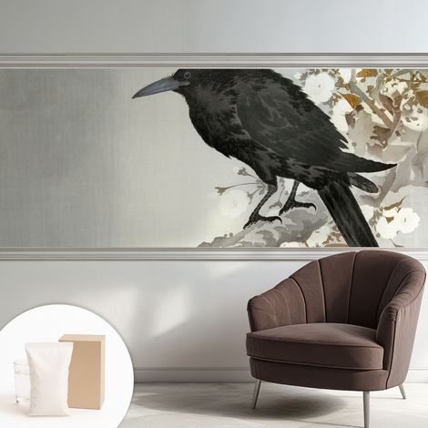 Papier peint intissé classique moderne pour salon et chambre à coucher Décoration rapide avec colle Corbeau dans les fleurs 250x104 cm (1/5)