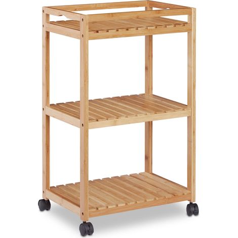 Carrito de servicio moderno de 3 niveles para salón y cocina, práctico y fácil de mover, de bambú natural 130008111 (1/4)