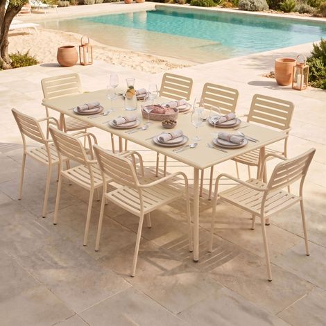 Table de jardin 180 cm + 8 fauteuils empilables en métal crème - BACA (1/5)