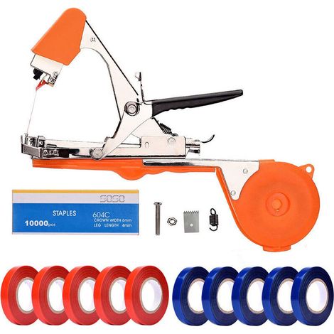 Machine À Taper Branches Outil Pince à lier de Jardin En Acier Inoxydable Outil de Jardinage Attacher Branche Pour Plantes Légumes Fruits Fleurs avec Ruban et Agrafes - Orange (1/4)