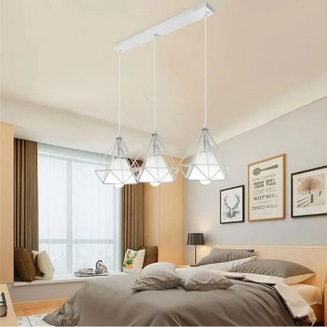 Suspension Luminaire Industrielle Vintage en Diamant Cage Blanc Lustre Plafonnier Fer Forge Ajustable pour Salon Chambre (1/4)