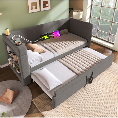 Bettsofa 90x190 cm grau, gepolstert in Baumwoll-Leinenstoff, mit Ausziehbett, USB/Type-C, Getränkehaltern und Ablagen (1/5)