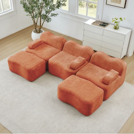 Canapé modulaire en U sans structure 3 places avec 2 ottomans en velours orange (1/5)