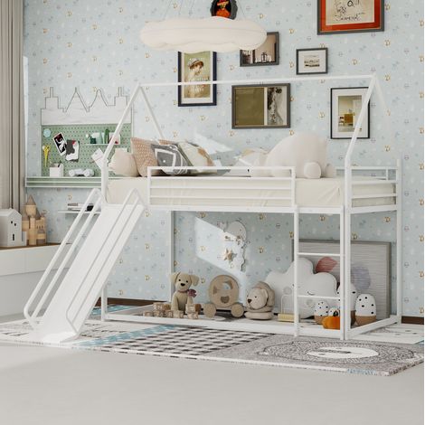 Cama litera casita de metal blanco 90x190 cm con tobogán y barandillas altas (1/5)