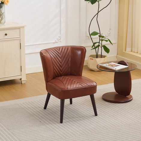 Fauteuil de salon en cuir véritable marron sans accoudoirs – piètement en hévéa massif, fauteuil au confort moderne