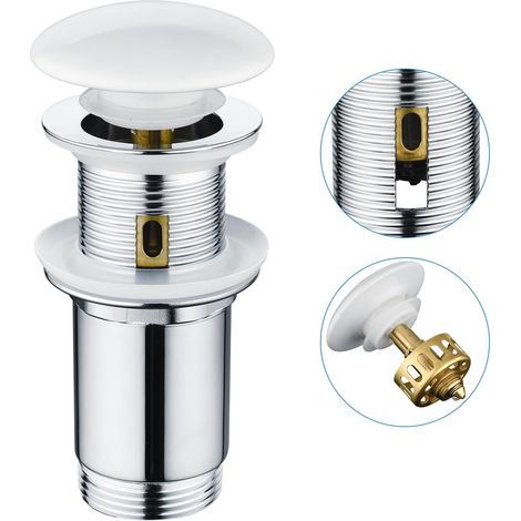 Bonde de Lavabo Blanc Céramique avec/sans Trop-Plein, Bonde Clic Clac avec Panier Filtrant, Bouchon Vidage Pop-Up de Lavabo for Salle de Bain, Universel G 1 1/4 (1/5)