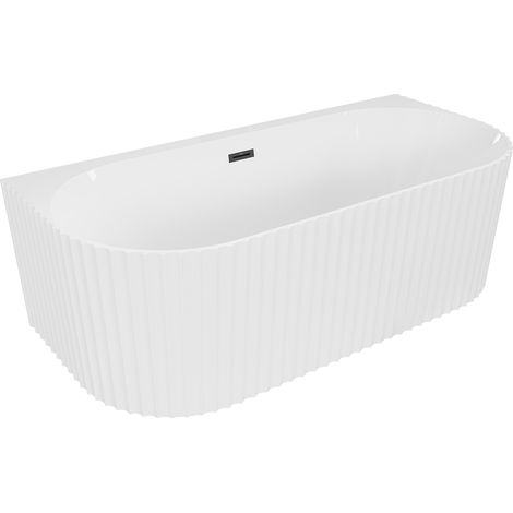 Mexen Sella freistehende, gerillte Badewanne, wandnah, 150 x 75 cm, weiß glänzend, schwarzer Überlauf - 52711507500-70 (1/3)