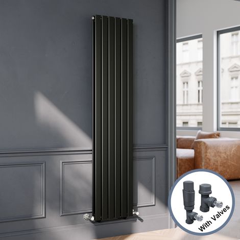 ELEGANT Black Flat Panel Central Heating Radiator with Anthracite Angled Thermostatic Radiator Valves 1800 x 408mm Vertical Double Panel Rads (1/5)