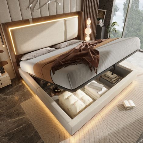 Letto matrimoniale imbottito 140x190 con rete a doghe, illuminazione a LED e contenitore, meccanismo idraulico, colore beige lino e noce, senza materasso. (1/5)